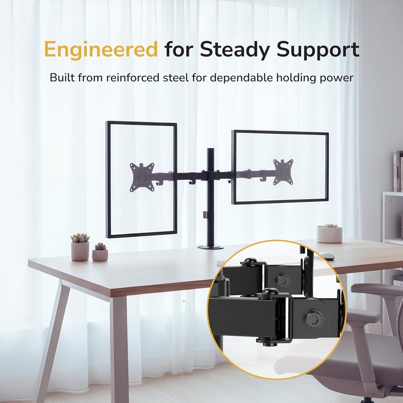 Mount-It! Dual Monitor Stand, Full Motion Desk Mount for 2 Screens up to 32” and 19.8 lbs Each, Tilt Swivel Rotate, VESA 75x75 & 100x100, Adjustable Dual Screen Arm with C-Clamp or Grommet - Image 3